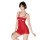 Woman wearing red lace sleep dress with bow detail and open-crotch design, posing against white background.