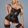 Sexy black lace sleep dress with sheer back, high slit, and garter belt – premium erotic lingerie set for women.