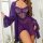 Woman wearing purple lace sleep dress with sheer mesh and adjustable straps, paired with matching robe.
