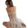 Woman wearing white lace sleepwear set with deep v-neck, adjustable straps, and sheer cut-out details.