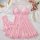 Elegant pink lace sleepwear set featuring high-slit design, delicate ruffles, and matching panties, perfect for feminine eleg...