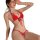Woman modeling a red lace thong bikini set with sheer open-crotch design, featuring delicate floral embroidery and adjustable...