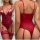 Sexy red lace bodysuit with garter straps, front and back view. elegant -style erotic sleepwear set for women.
