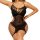 Woman wearing a black lace bodysuit with open-crotch design and leopard print pattern, featuring a flirty plus-size lingerie ...