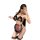 Woman modeling sexy leopard print maid outfit with black fur trim, three-piece lingerie set featuring no-remove design.