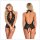 Black lace open-crotch bodysuit with halter neck, front and back view.