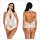 White lace open-crotch bodysuit with halter neck, front and back view.