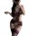 Woman wearing sheer purple lace bodysuit with open crotch, bow detail, and thigh-high stockings; ideal for small bust.