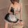 Woman wearing a sexy maid costume lingerie set with lace trim and provocative uniform style design.