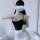 A woman poses with a cloud obscuring her face, wearing a black bodysuit paired with white stockings. the outfit features a pl...