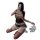 Woman in black lace maid lingerie set with white trim, holding phone and plush toy, kneeling pose.