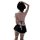 Back view of a woman wearing a black and white maid-style lingerie set with an open back, bow detail, and garter straps.
