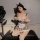 Sexy maid costume set featuring a plaid dress with lace details, cute bunny ears, and stockings, perfect for role play.