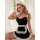Woman wearing black sexy maid costume lingerie set with white lace trim, headband, and apron for playful bedroom roleplay.