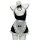 Black and white maid costume lingerie set with lace trim, bow details, and apron for seductive role play and bedroom fun.
