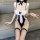 Sexy maid costume outfit featuring a white apron bodysuit with black accents, lace-up design, fishnet stockings, and headband...