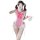 A woman poses in a pink maid costume set, featuring ruffled details and a bow, perfect for a student uniform ensemble.