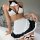 Sexy maid costume set featuring a black and white halter top with bow tie, ruffled skirt, thigh-high stockings, perfect for h...