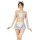 Woman modeling blue and white lace maid costume with headband, choker, apron, and thigh-high stockings.