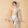Woman in blue and white lace maid costume with cat ears, featuring lingerie top, apron skirt, and thigh-high stockings for ro...