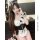 Woman wearing sexy maid costume set with lace bodysuit, black mesh thong, sheer stockings, and open-crotch design.