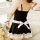 Sexy maid costume for women featuring a black dress with lace details, white ribbon waistband, and sheer backless design perf...