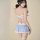 Sexy maid costume for women featuring a blue gingham skirt with lace trim, matching bra set, and stockings, perfect for role ...