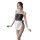 Sexy maid costume with pvc leather bodice, white apron, fishnet stockings, and lace choker for cosplay or nightclub role play...