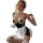 Sexy maid costume for women featuring an open-crotch design, black and white lace details, and fishnet stockings, perfect for...