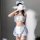 Sexy maid costume for women featuring a lace-trimmed blue and white outfit with a bow headband, perfect for seductive role pl...