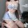 Sexy maid costume for women featuring a blue and white gingham top with lace trim, matching lace-trimmed fishnet stockings, a...