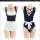 Sexy navy blue maid bodysuit with white apron, ruffled collar, and cross-back design for women.