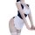 Woman wearing a sexy maid costume with white apron, navy bodysuit, and thigh-high stockings.