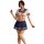 Sexy maid costume for women featuring a short navy skirt, sailor-style top with bow tie, and lace stockings, perfect for role...