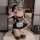 Sexy maid costume for women featuring a short black skirt with lace details, white apron, stockings, and headband. perfect fo...