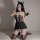 Sexy maid costume for women featuring a small-bust black lace dress with cat ears, fingerless gloves, stockings, and a playfu...
