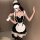 Woman in black and white sexy maid costume with steel-boned push-up lingerie, lace trim, apron, and headpiece.