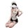 Woman in black and white maid lingerie set with lace, apron, and garter straps, posing seductively.