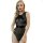 Woman wearing black mesh lace bodysuit with satin and patent leather details, sheer design, back zipper, perfect for nightclu...