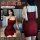 Woman wearing a tight red bodycon mini dress with thin straps, shown from front and back views.