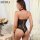 Woman wearing a black lace bodysuit with mesh details, showcasing the back design of the sexy mesh high-waist womens lingerie...