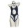 Blue high-waisted one-piece swimsuit with cutout detail and matching choker necklace.
