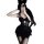 Woman in black lace cami dress with built-in pads, matching lingerie set, cat ears headband, and sheer stockings.