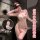 Woman modeling a sexy nurse costume set with sheer lace, side-tie skirt, and no-remove design for role play sleepwear.