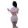 Woman in pink nurse costume with sheer mesh skirt, holding red stethoscope, back view.