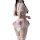 Woman in pink nurse costume with ruffled skirt and sheer sleeves, plus size role play outfit.