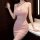 A luxurious pink bodycon dress with an off-shoulder design, featuring a deep neckline and button detail, perfect for a seduct...