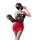 Woman in sexy ol secretary costume with black stockings, red bodycon skirt, and pure-allure lingerie top holding a clipboard.