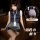 Woman modeling sexy ol secretary outfit with navy sleeveless top and grey high-waisted bodycon skirt, slim-fit professional c...