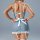 Woman wearing blue gingham maid bodysuit with white lace trim, open back design, and adjustable straps.